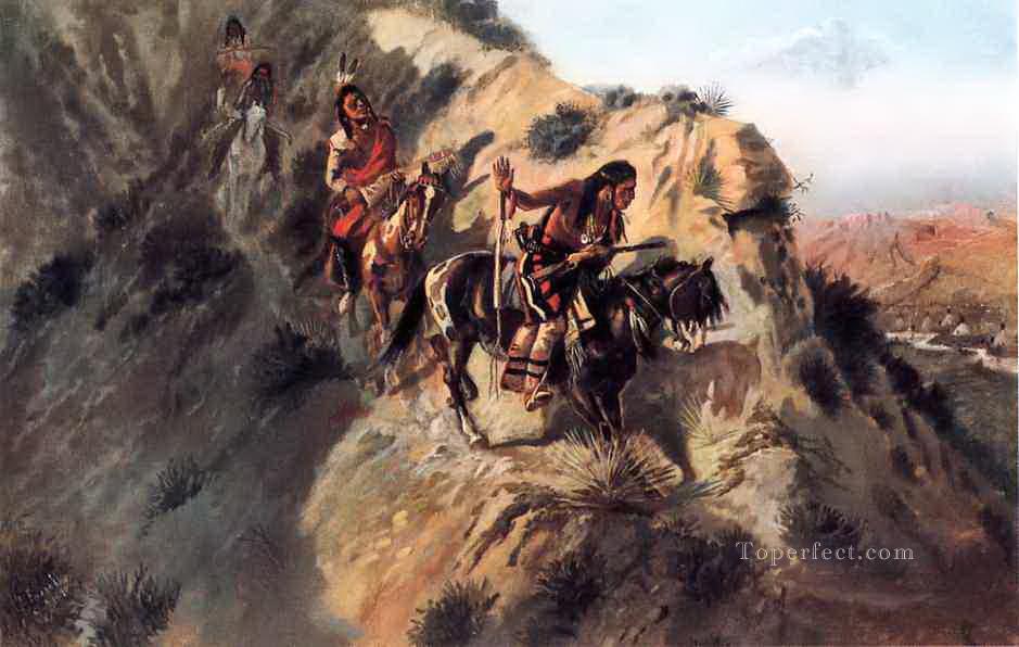 repérer l’ennemi 1890 Charles Marion Russell Indiens d’Amérique Peintures à l'huile